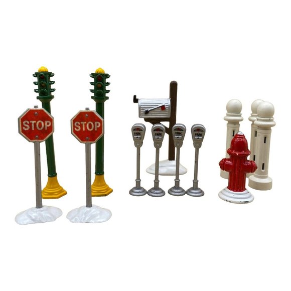 Dept 56 Village Christmas Accessories Lot 13 Stop Sign Meters Hydrant Traffic - Picture 1 of 11